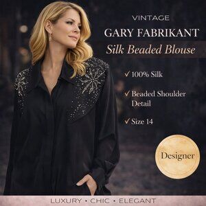 Gary Fabrikant Vintage Silk Shirt Womens SZ14 Black Beaded Evening Glam 80s 90s